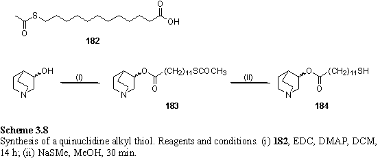 Synthesis of a quinuclidine alkyl thiol, InChI=1S/C19H35NO2S/c21-19(22-18-16-20-13-11-17(18)12-14-20)10-8-6-4-2-1-3-5-7-9-15-23/h17-18,23H,1-16H2